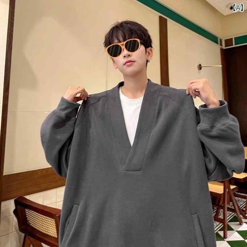 パーカー メンズ Vネック ジップアップ 長袖 ゆったり ラフ 春秋 トレンド ベーシック スポーツ オーバーシルエット ポリエステル 無地 バッジ ノンアイロン ダークグレー ブラック