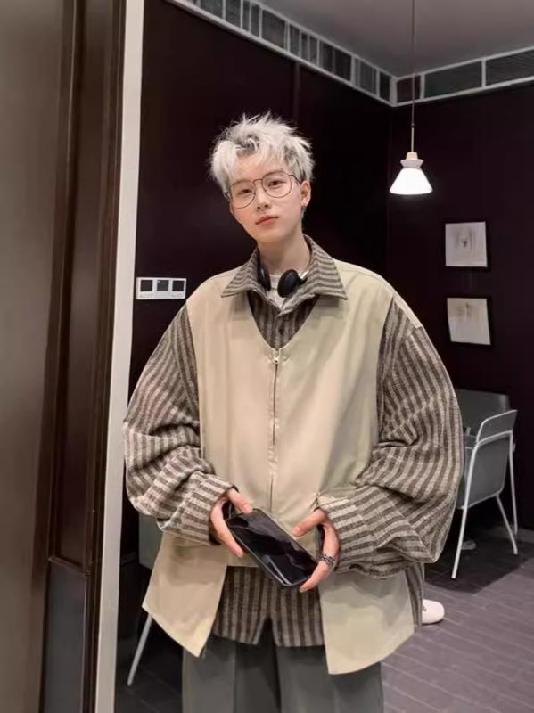 シャツ メンズ フェイクレイヤード 切り替え ストライプ 長袖 カーディガン ルーズフィット 翻領 秋 カ..