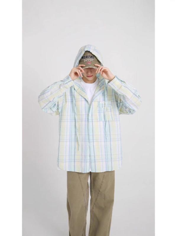 メンズ フード付き 長袖 チェック柄 シャツ パフスリーブ UVカット 薄手 デニム コットン ピンク ライトブルー 春秋 日常 カジュアル ルーズフィット ベーシック バッジ付き 自然プリント