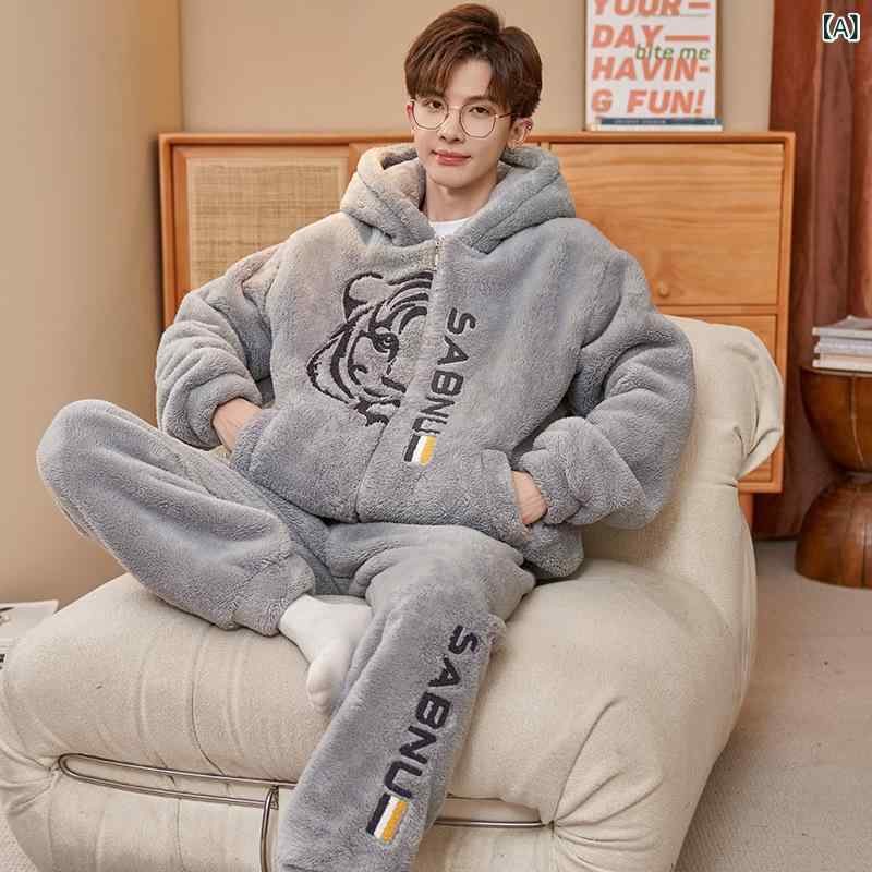 ルームウェア メンズ 秋冬 コーラルフリース 厚手 長袖 長ズボン セット 保暖 通気性 快適 外出可 青年..