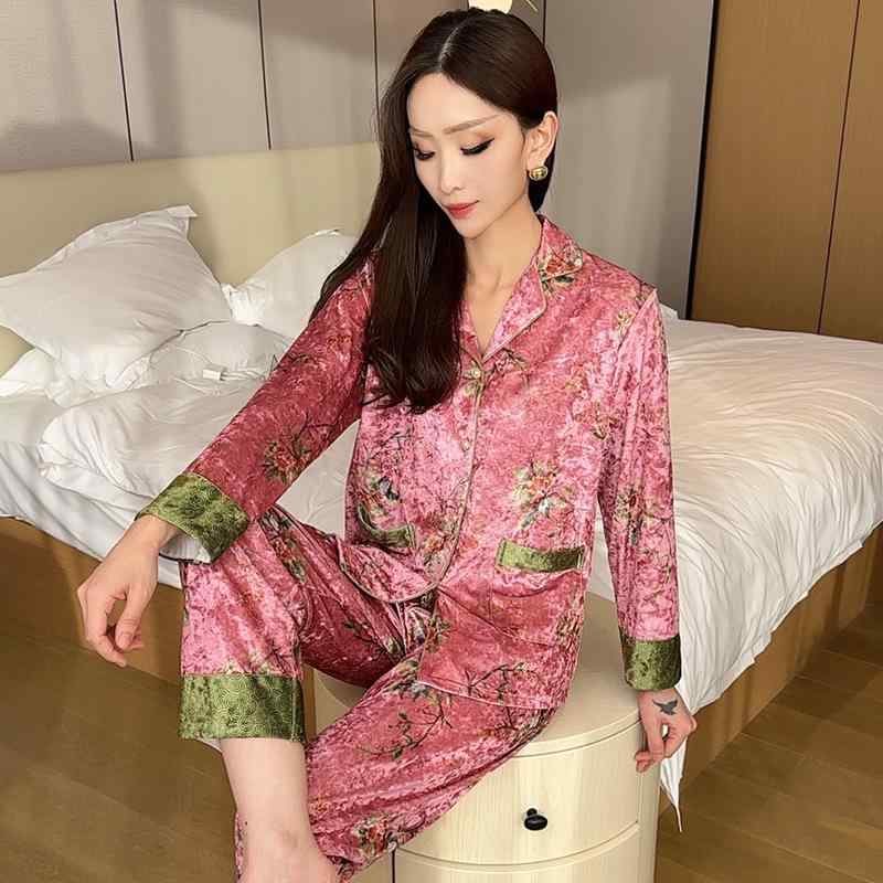 パジャマ レディース 秋冬 保暖 ベルベット ホームウェア セット ピンク 切り替え 長袖 長パンツ 快適 ..