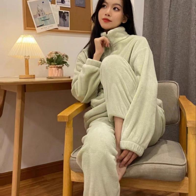 ルームウェア パジャマ セット メンズ レディース 秋冬 フランネル 厚手 暖か 長袖 ジッパー カーディガン 長パンツ 通気性 快適 ホーム アウトドア グリーン ピンク ベージュ