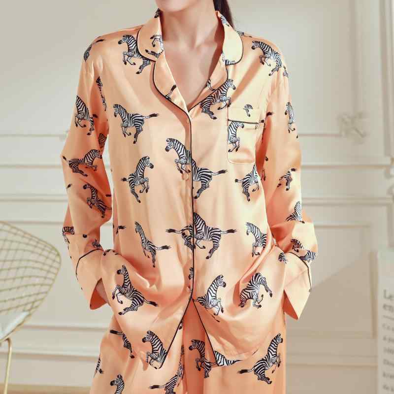 パジャマ セット レディース 長袖 ロングパンツ ゼブラ柄 プリント かわいい カジュアル ルームウェア 接触冷感 薄手 通気性 ストレッチ 快適 クール オールシーズン ホーム ホテル 外出