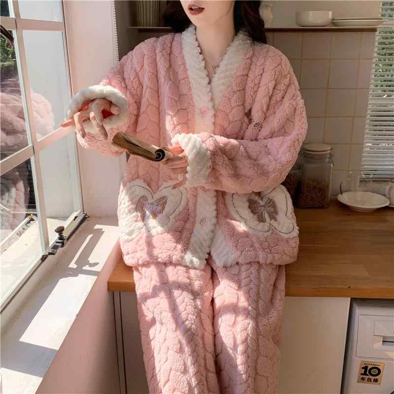 レディース 秋冬 フランネル パジャマ セット 厚手 暖か 長袖 Vネック 長パンツ か...