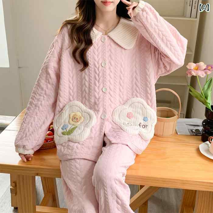 パジャマ セット レディース 秋冬 厚手 保温 綿 中間層 長袖 長ズボン セーラー襟 かわいい 部屋着 快適 ホームウェア