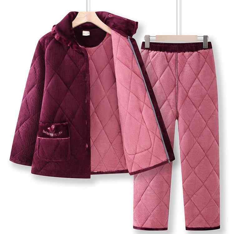 レディース 冬用 保暖 ルームウェア セット 50代 大人 長袖 開襟 カーディガン ロングパンツ 綿ポリ混 フランネル 快適 外出着 シンプル カジュアル ローズレッド ダークパープル