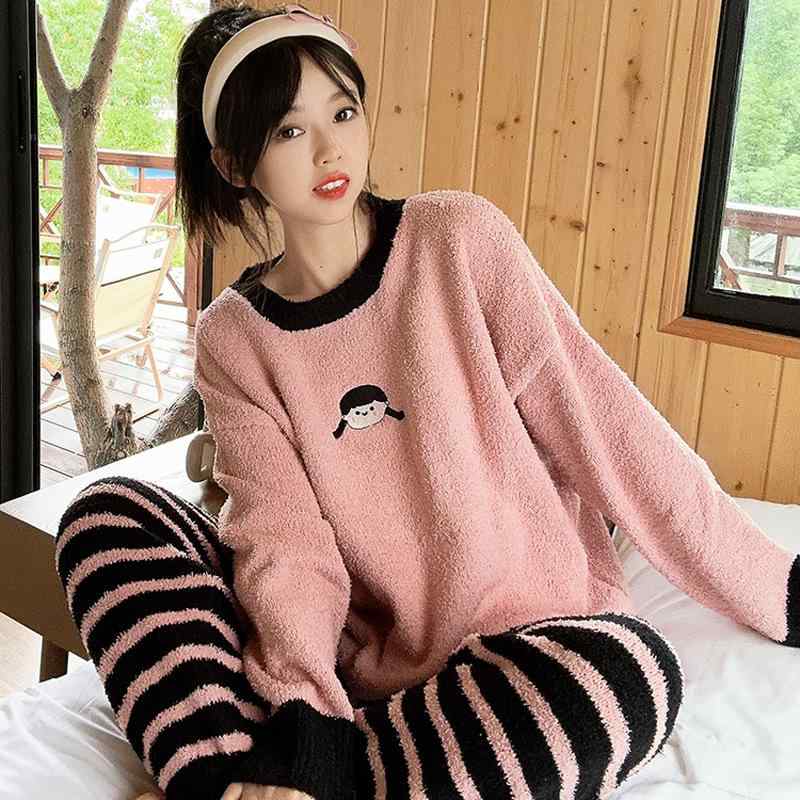 レディース 長袖 パジャマ ルームウェア セット 秋冬 暖か 厚手 フランネル かわいい ピンク グレー 柔..