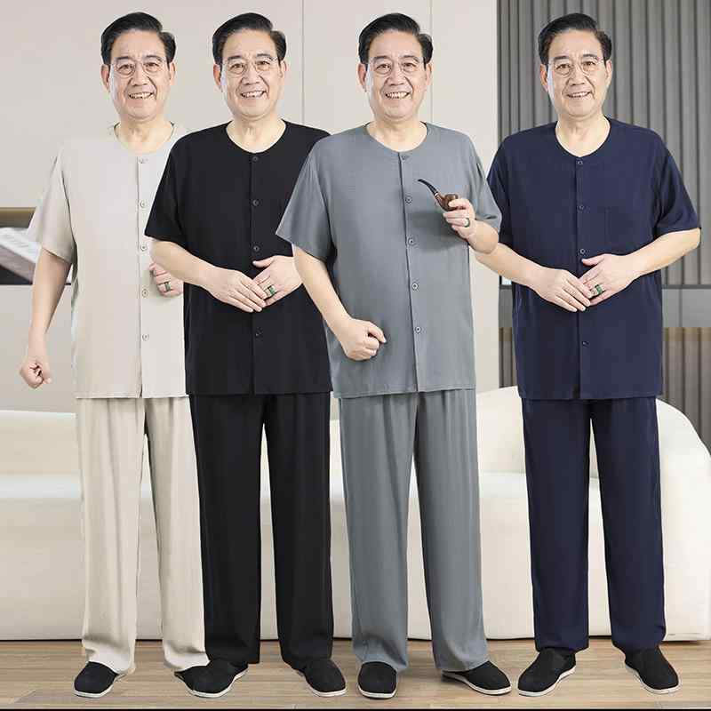 パジャマ セット メンズ 高齢者 父親 夏 半袖 長ズボン 綿 再生繊維 薄手 無地 丸領 シンプル カジュアル 快適 軽量 ゆったり グレー ベージュ ブルー アウトドア
