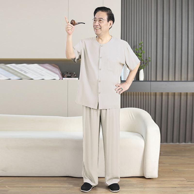 パジャマ セット メンズ シニア 夏 再生繊維 半袖 長ズボン 通気性 薄手 涼感 グレー ネイビー ブラック ホーム リラックス