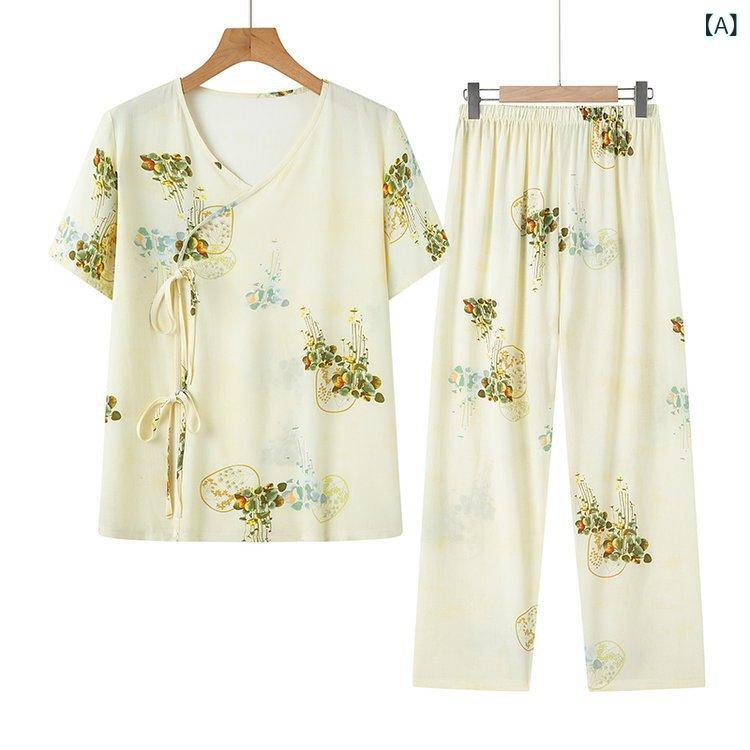 パジャマ セット レディース 夏 薄手 半袖 長ズボン 国風 綿 リヨセル 家居服 透気 涼爽 快適 外出可 花柄 50代 大人女性 ゆったり ルームウェア ホームウェア