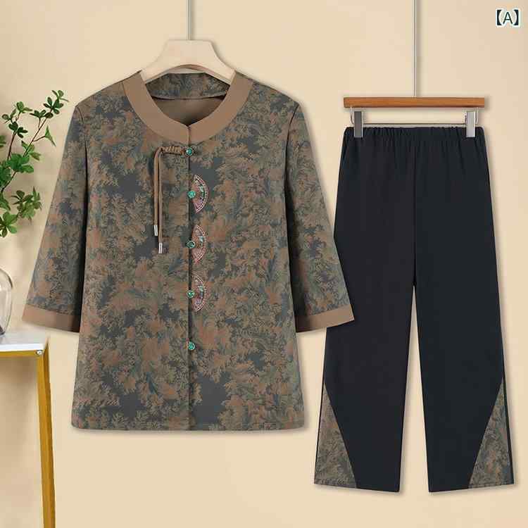 レディース セットアップ 夏 七分袖 花柄 ゆったり 薄手 綿ポリ混 ポケット 九分丈 パンツ カーディガン カジュアル おしゃれ エレガント 中国風 緑 ワインレッド ミセス(4)