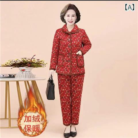 中高年 レディース 冬 コットンコート 厚手 防寒 暖か セット 花柄 プリント ゆったり カジュアル ロングパンツ ミドル丈 赤 ピンク カーキ ママファッション