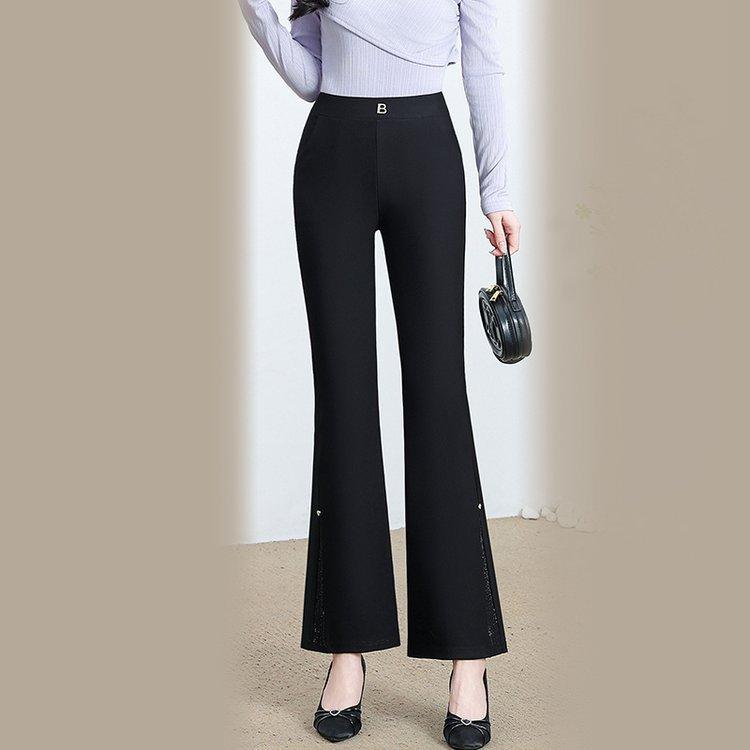 レディース パンツ フレア ハイウエスト ルーズ 落ち感 黒 春 中厚 微弾性 通勤 カジュアル シンプル エレガント 小柄 ママ向け ミドルエイジ ボトムス ズボン 女性用 ロング丈 綿混 気軽 普段使い