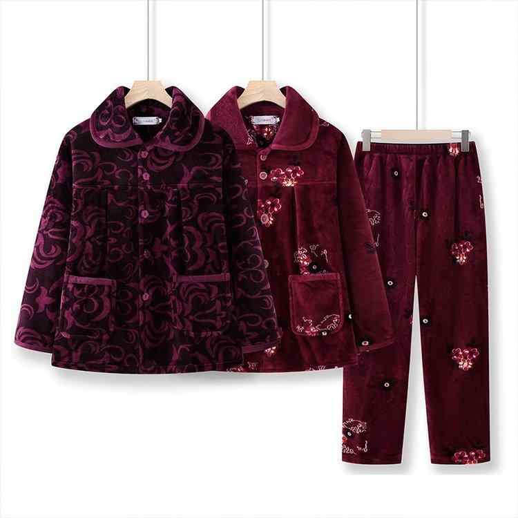 ルームウェア レディース 中高年 母親 秋冬 フランネル コーラル 厚手 暖か 長袖 開襟 長ズボン セット 紫 ワインレッド 通気 快適 シンプル カジュアル 部屋着 アウトドア