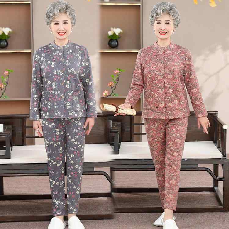 レディース シニア 秋冬 暖か 綿 素材 保温 下着 セット 花柄 長袖 トップス ロング パンツ カーディガ..