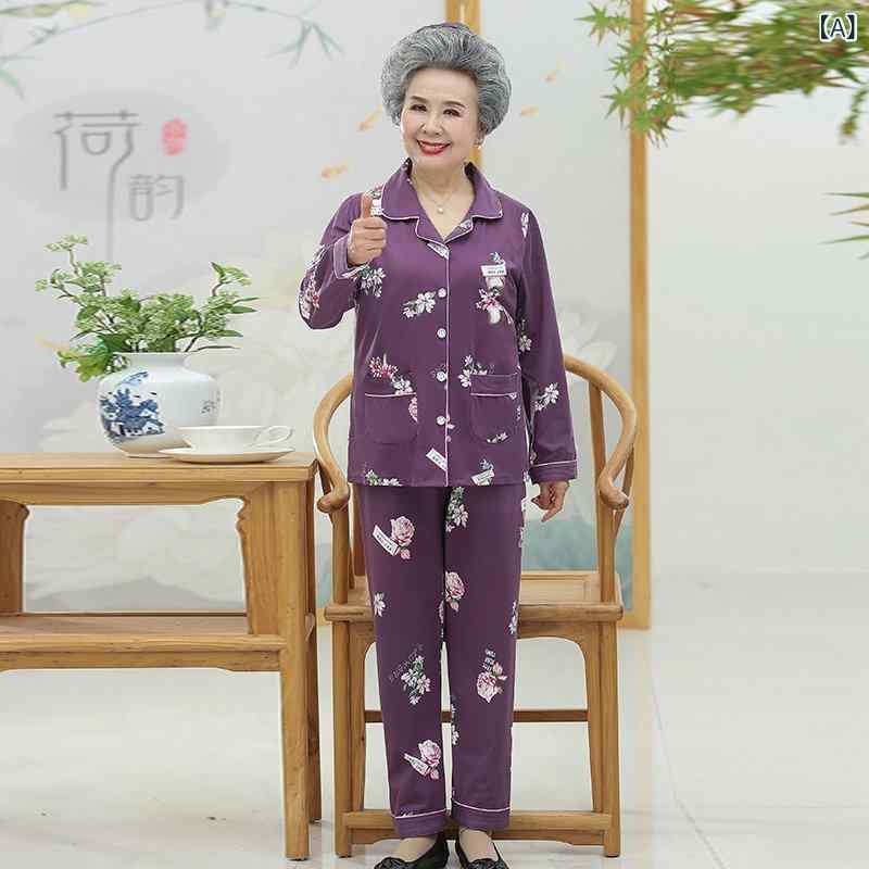 パジャマ レディース ママ 中高年女性 長袖 綿 セット 長ズボン 花柄 プリント 薄手 通気性 保暖 快適 外出 ホーム オールシーズン シンプル 紫 ピンク ブルー
