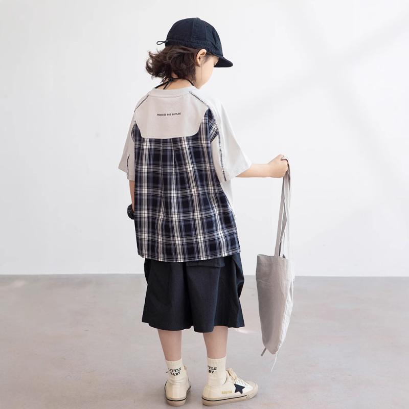 男の子 夏 セットアップ 半袖トップス ショートパンツ セット 薄手 コットン グレー カジュアル 韓国ス..