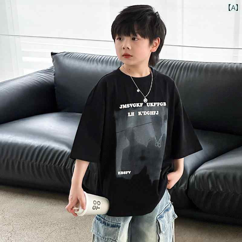 キッズ Tシャツ 男の子 半袖 綿 夏 黒 カートゥーン柄 吸湿速乾 韓国 トレンド ジュニア サイズ ラウンドネック プリント 柔らかい 素材 子供服 ストリートファッション