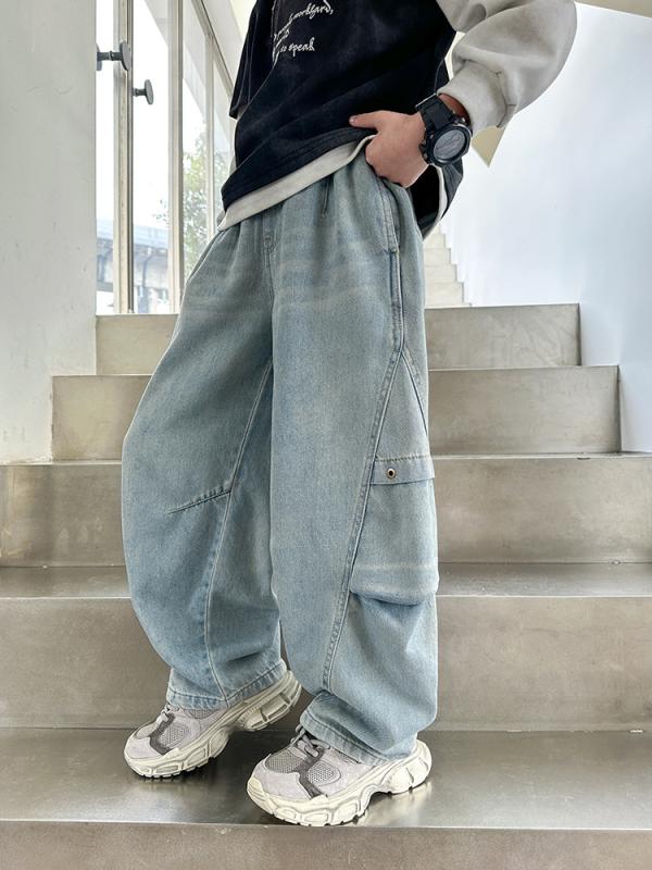 男の子 デニムパンツ 春秋 中大児童 綿素材 柔軟加工 韓国 ミッドウェスト エラスティックウエスト ブ..