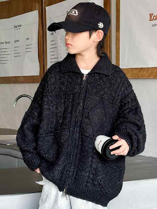 男の子 ニット カーディガン セーター アウター 秋冬 ゆったり 長袖 綿 黒 無地 ジッパー 翻領 柔らか..