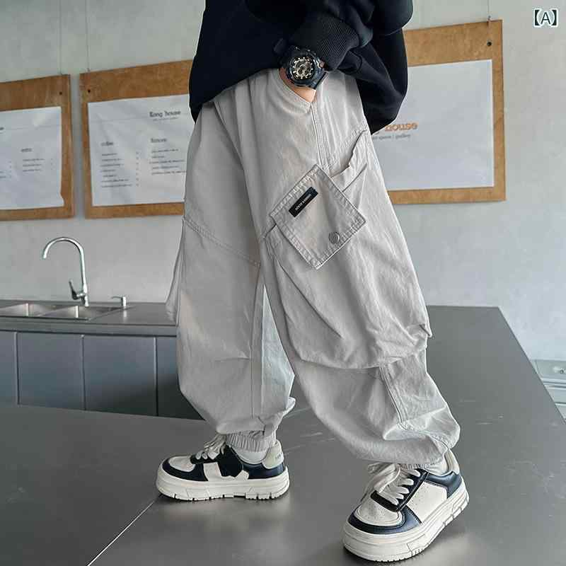 カーゴパンツ 男の子 ジュニア 春秋 カジュアル コットン グレー 黒 韓国スタイル ミッドライズ ゴムウ..