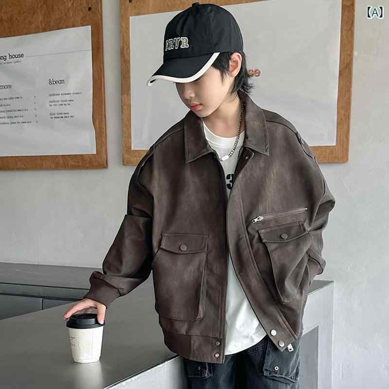 男の子 レザー ジャケット 春秋 アウター 多ポケット 無地 長袖 中長丈 合成皮革 ブラウン クール ストリート 韓国 柔軟 子供服 ミドル 潮范 スタンドカラー ジッパー ポリエステル 裏地 普通厚