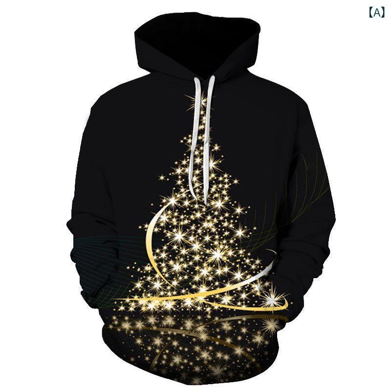 メンズ フーディー クリスマス 星柄 3Dプリント フード パーカー 長袖 ルーズフィット ポリエステル カ..
