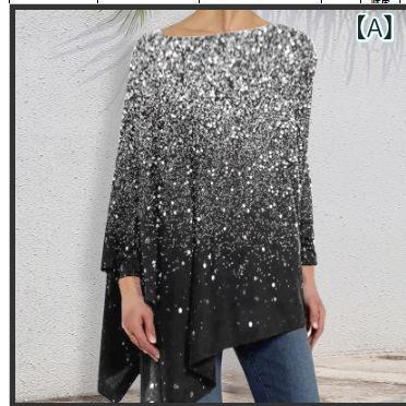 レディース Tシャツ 長袖 ルーズ クルーネック ラグランスリーブ 3Dプリント スパンコール ミドルロン..