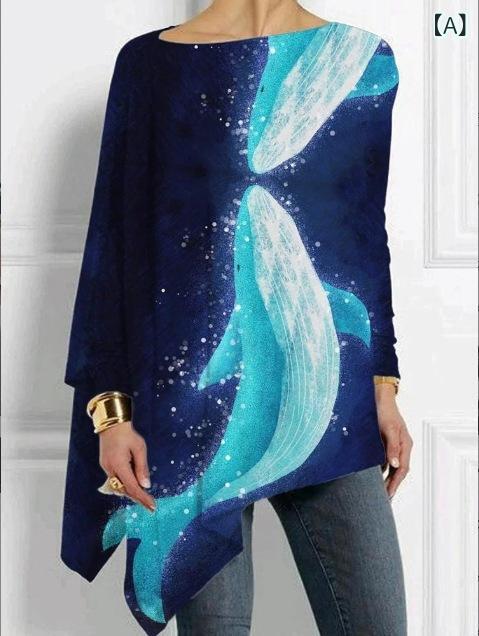 Tシャツ レディース 長袖 ルーズ クルーネック 3Dプリント スパンコール ポリエステル 中長丈 ラグラン..