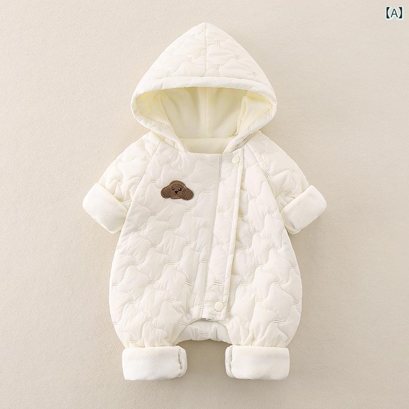 ベビー ロンパース 男の子 女の子 秋冬 厚手 フード付き 長袖 保暖 綿入り 外出着 韓国 ポリエステル ..