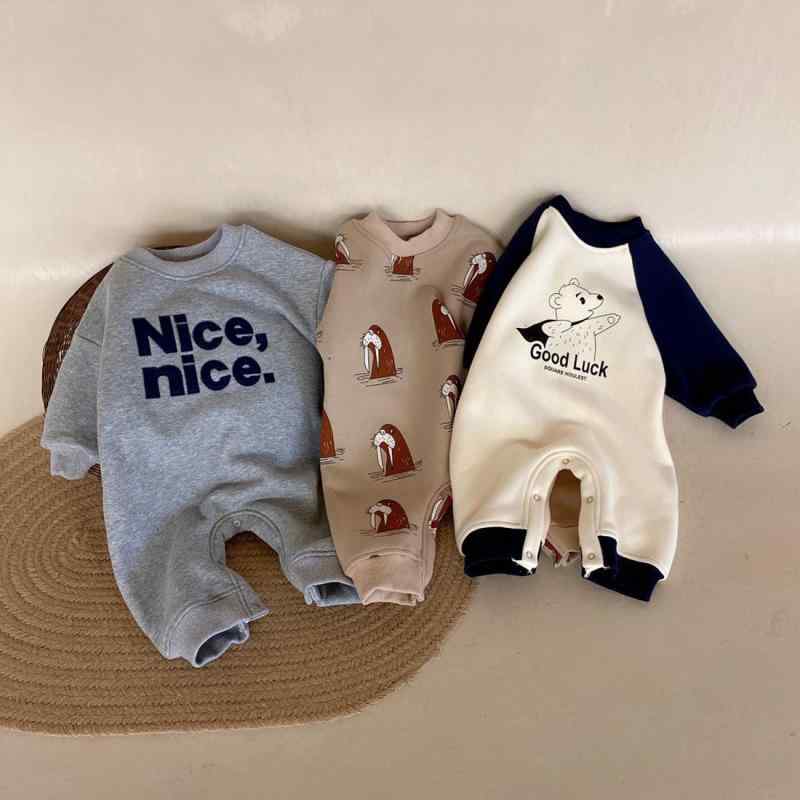 ベビー クローリング ロンパース 男の子 女の子 秋冬 綿 長袖 厚手 フリース加工 プルオーバー カート..