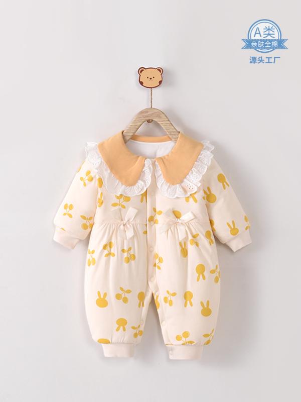 ベビー 男の子 女の子 綿 ロンパース 長袖 厚手 秋冬 暖か クローラー 満月服 ピンク グリーン オレンジ 蝶結び柄 ラビット柄 ライオン柄 かわいい 動物プリント