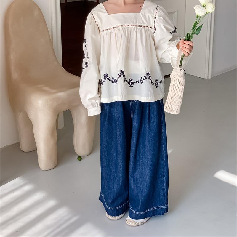 デニムパンツ 女の子 ワイドレッグ 韓国 カジュアル ロングパンツ 中腰 ゴムウエスト 柔らかい 無地 黒..