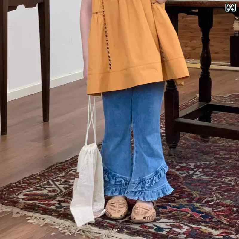 女の子 夏 デニム パンツ 9分丈 フレア 韓国 かわいい レース トレンド 中腰 ゴムウエスト 綿 柔らか ..