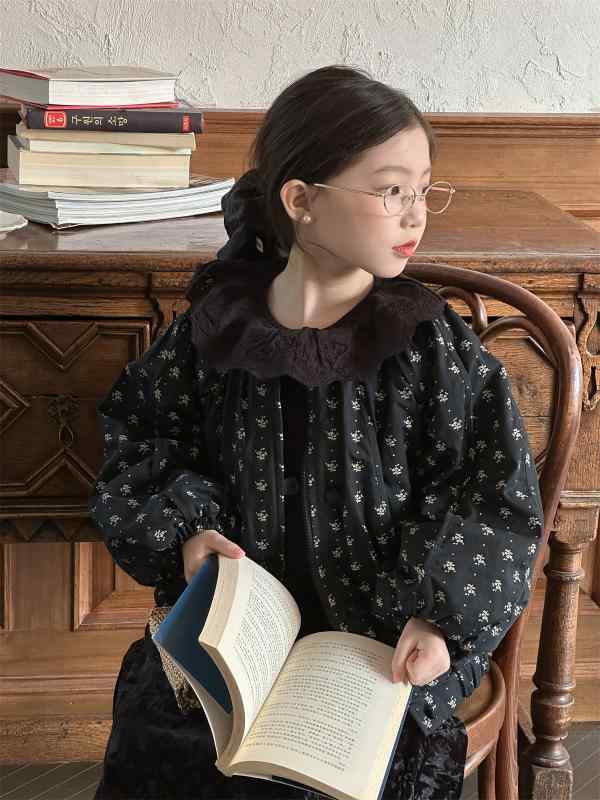 女の子 コート 冬 花柄 韓国 厚手 長袖 短丈 ポリエステル 柔軟 かわいい ベージュ 黒