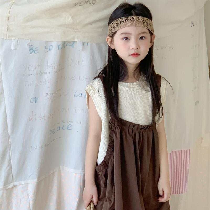 ジャンパースカート 女の子 韓国 ゆったりシルエット 綿素材 柔らかい 無地 ロング丈 春 茶 かわいい ..