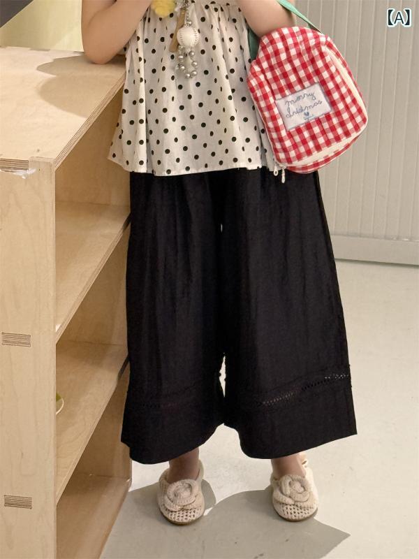ワイドパンツ 女の子 夏 綿 切り替え 透気 カジュアルパンツ 柔軟 無地 中腰 ゴム腰 黒 杏色 韓国 トレ..