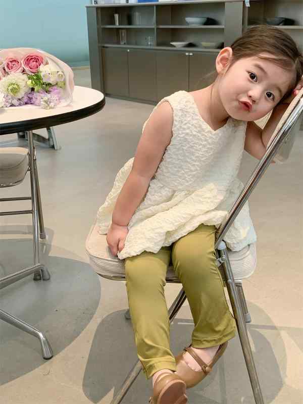 パンツ 女の子 ベビー キッズ ワイドレッグ フレア 夏 蚊よけ 薄手 綿 無地 緑 ベージュ 中腰 ゴム腰 ..