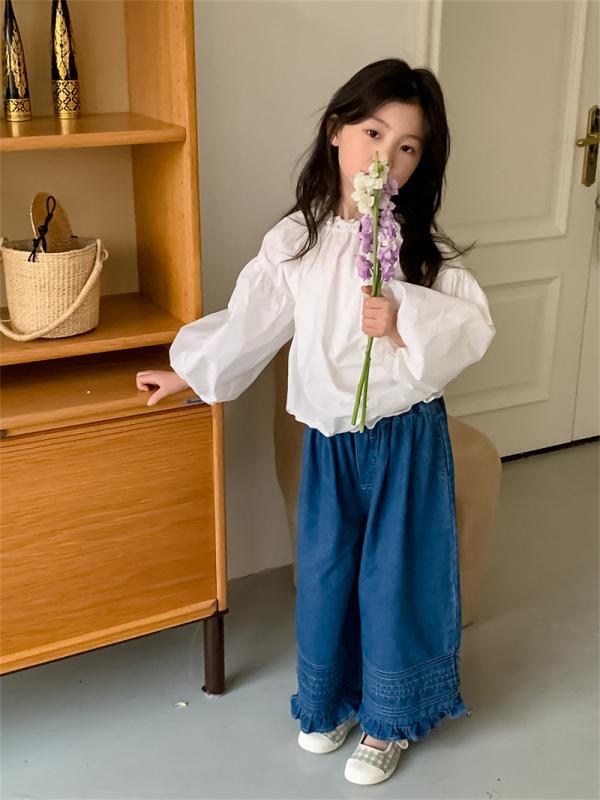 女の子 デニムパンツ ゆったりシルエット ハイウエスト ロング丈 綿素材 韓国 カジュアルスタイル 春シ..