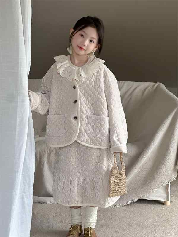 女の子 8歳以上 140cm以上 冬 韓国 綿入れ スカートセット 長袖 トップス 純色 杏 ポリエステル 柔らか..