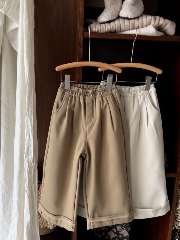 女の子 ワイドパンツ ロールヘム ストレート カジュアル 冬 綿 柔軟 裏地付き ミッドライズ ゴムウエス..