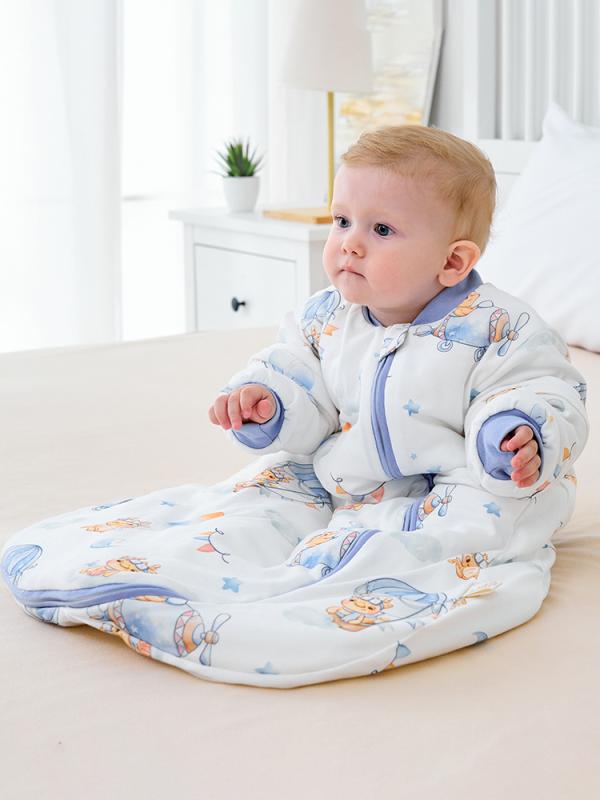 ベビー スリーピングバッグ 男の子 女の子 新生児 0-2歳 秋冬 厚手 綿 蹴飛ばし防止 一体型 保温 通気性 プリント柄 袖脱着可能