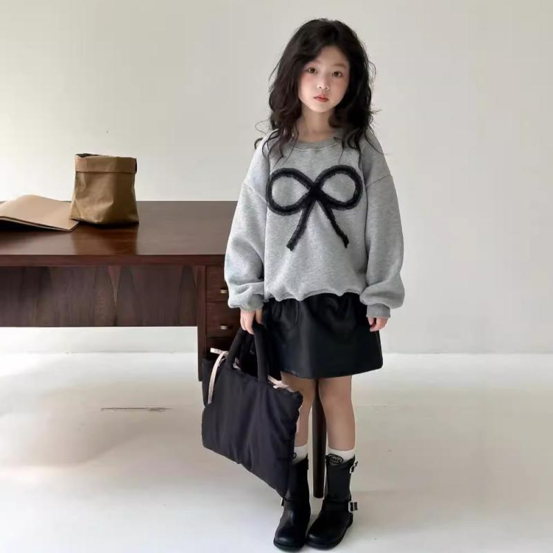 女の子 秋冬 韓国 かわいい リボン フリース裏地 長袖 スウェット トップス フェイクレザー スカート ..