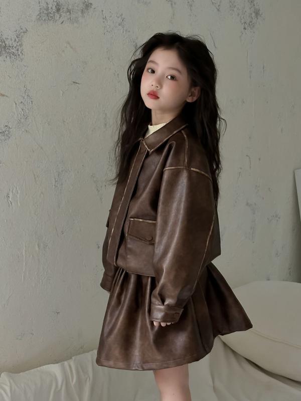 セット 女の子 秋 レトロ クラシック 英国風 韓国 かわいい おしゃれ こげ茶 無地 PUレザー 長袖 中厚 ..