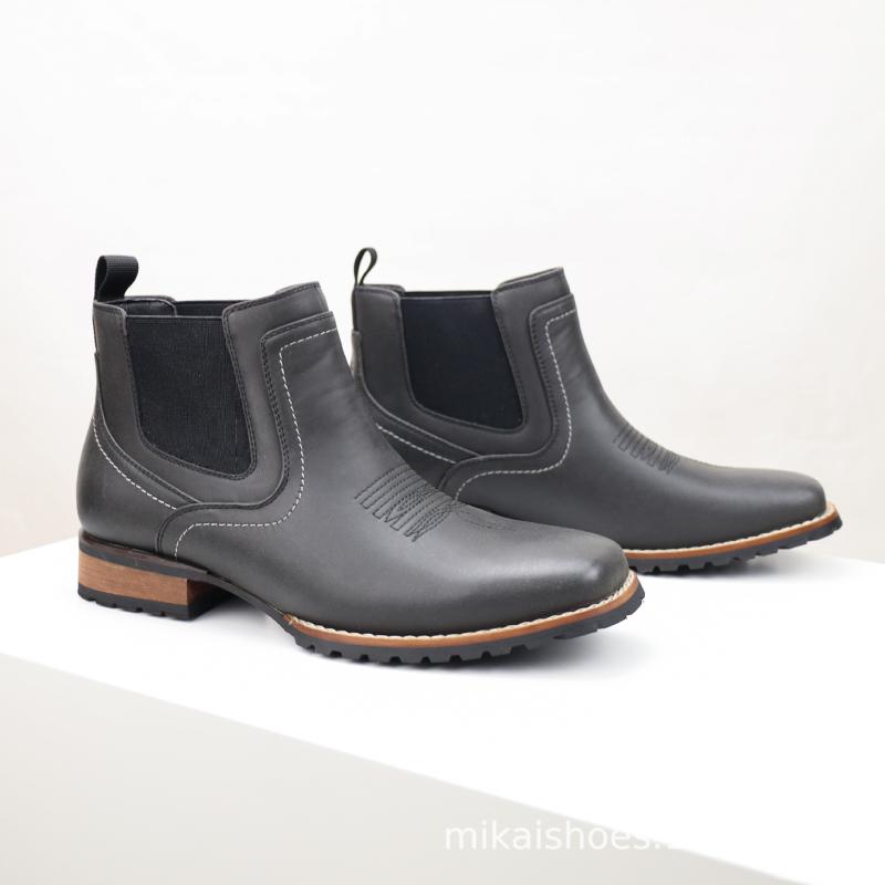 メンズ チェルシーブーツ レトロ 刺繍 スクエアトゥ ウェスタン カウボーイ ミドルカット 合成皮革 黒 ライトブラウン 通気性 滑り止め 保温 低ヒール 秋 カジュアル(4)