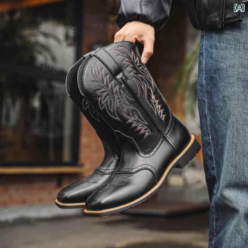 メンズ ウエスタンブーツ レトロ ワイドトゥ 刺繍 ステッチ ローヒール ブロックヒール ハイシャフト 騎士スタイル 保温 合成皮革 ラバーソール エスニックパターン 秋冬 黒 茶色 ブラウン ビジネス 普段使い(4)