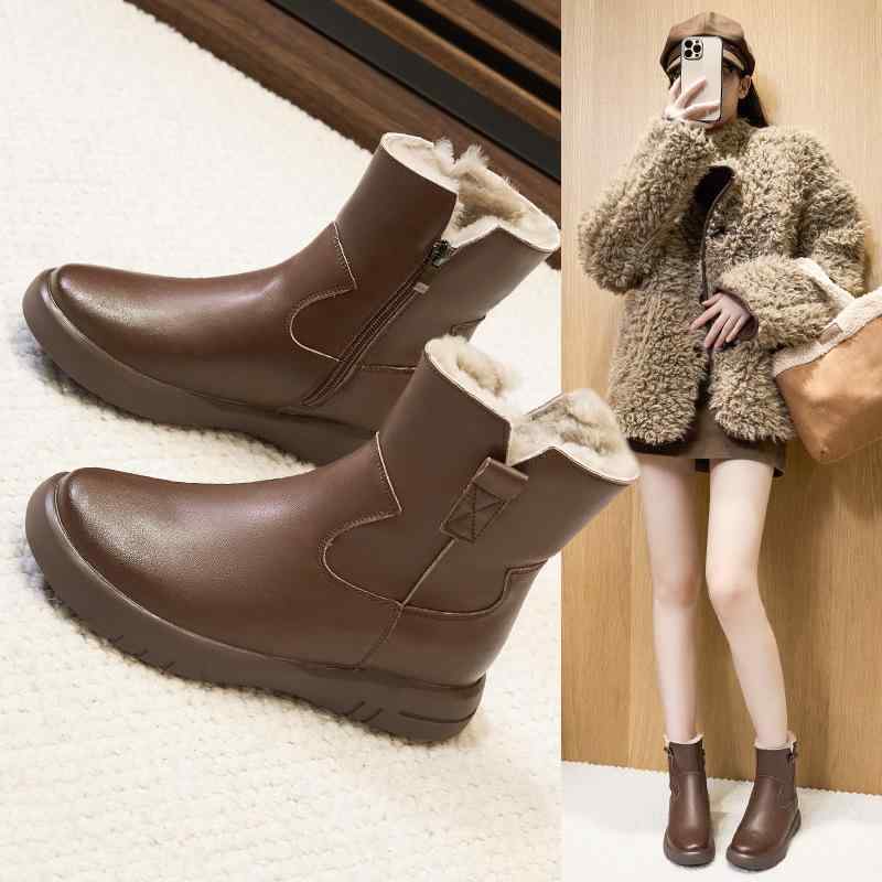スノーブーツ レディース ショート レザー フェイクファー フラット 防水 防滑 保暖 ラウンドトゥ カジュアル 普段使い 冬 ブラック ブラウン