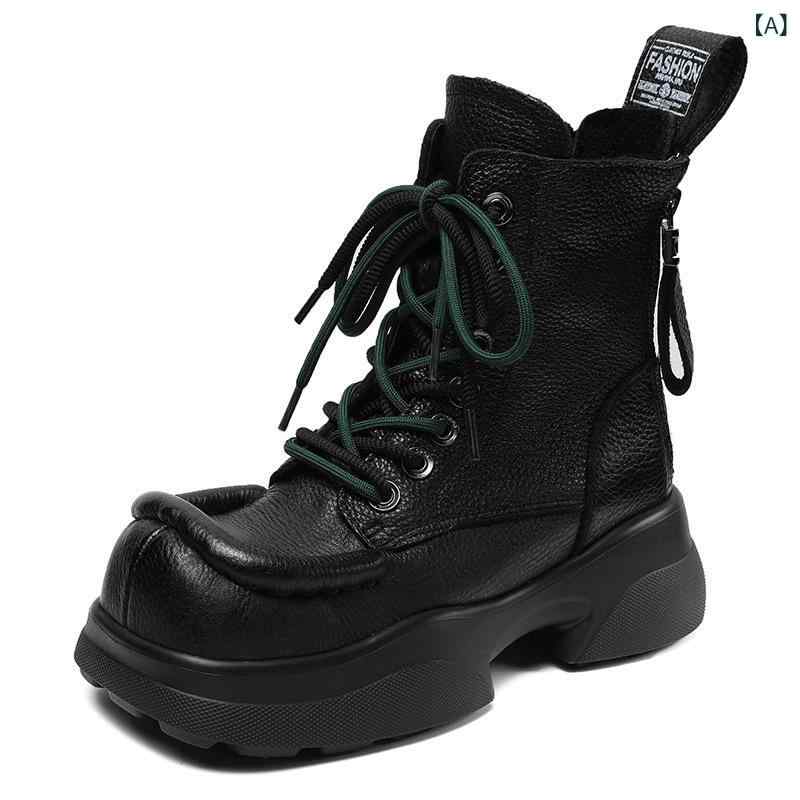 秋冬 レディース スクエアトゥ 厚底 ラッシング ハイカット レトロ ブーツ 本革 カジュアル スノーブーツ 黒 ブラウン
