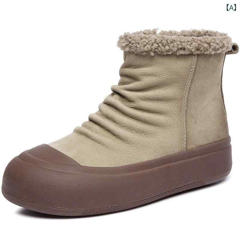 レディース スノーブーツ レトロ 本革 スエード 厚底 防寒 ボア付き ショート ラウンドトゥ サイドジップ カジュアル 普段使い 冬 ライトカーキ ブラウン