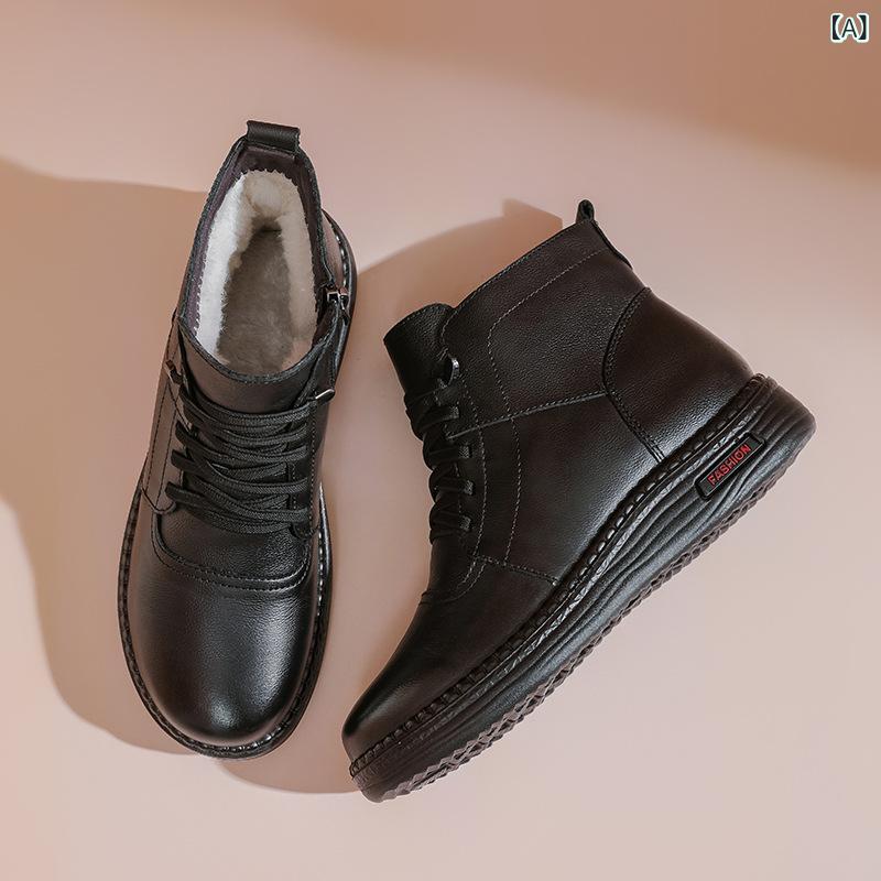 ブーツ レディース 秋冬 牛革 ウール 暖か ショート ミドルヒール ラウンドトゥ 滑り止め 耐摩耗 カジュアル 普段使い 黒 厚底 サイドジッパー 中高年向け